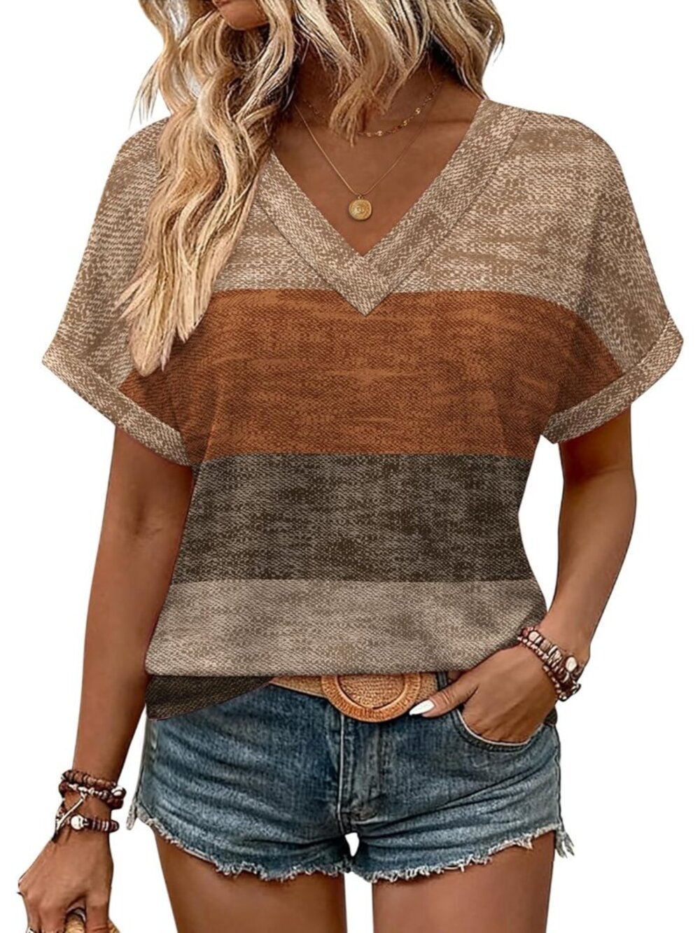 Womens Summer Tops Rolled Short Sleeve V Neck Shirts Casual Dressy Business Work - Picture 2 of 6